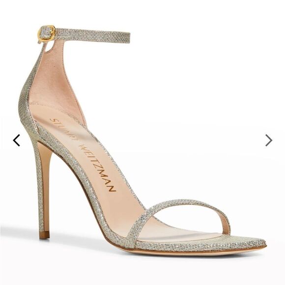 Stuart Weitzman's Nudistcurve Shimmery Ankle Strap Sandals Silver Size 6.5B NIB - Picture 1 of 14